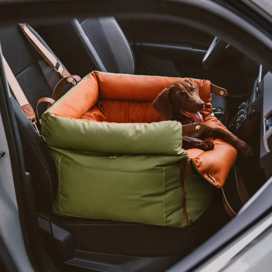 Lit De Transport Voiture Pour Petit Chien - vue de face, posé sur siège passager, coloris vert et orange, présence d’un harnais de sécurité