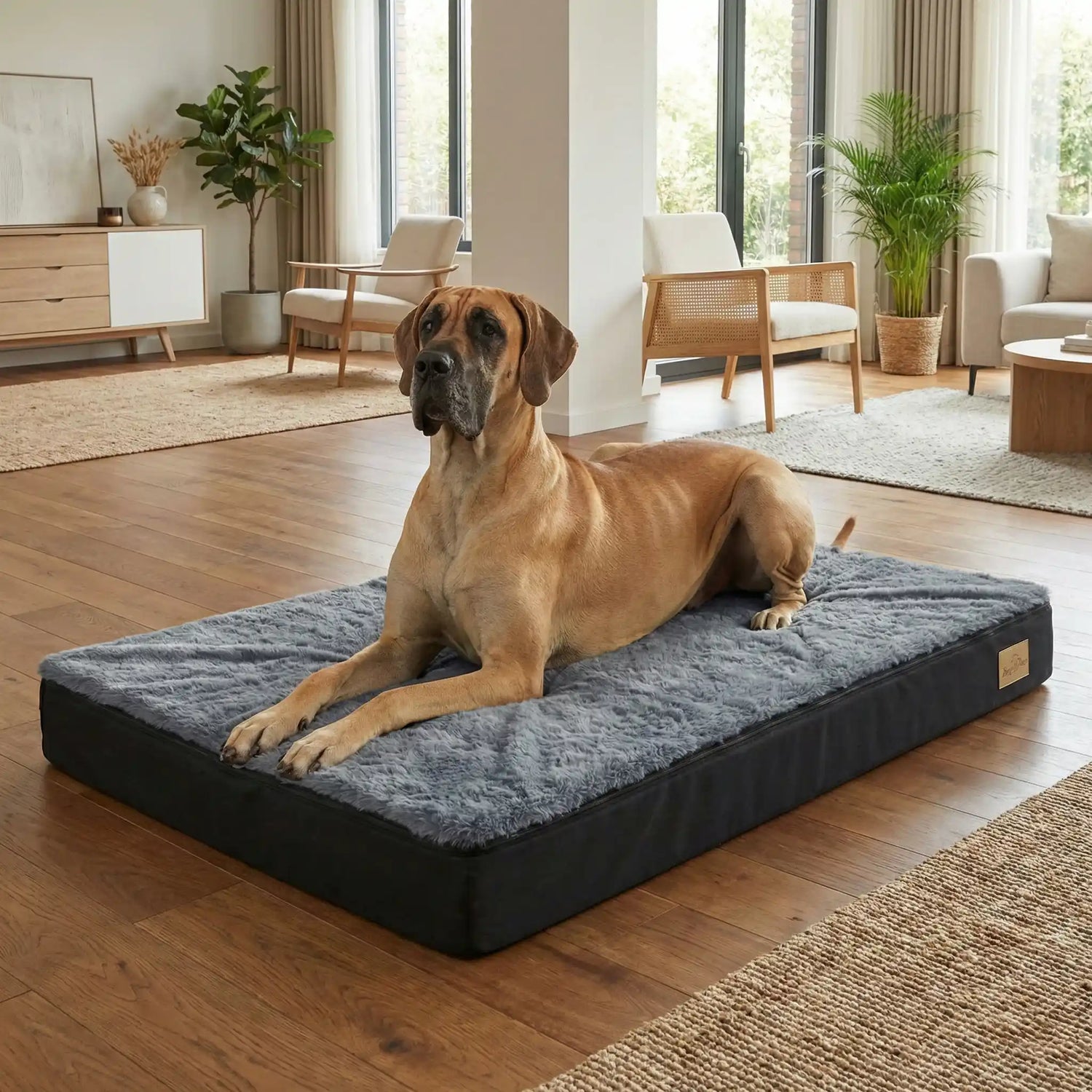 Dogue Allemand allongé de tout son long sur un spacieux panier lit pour chien gris à surface en fausse fourrure