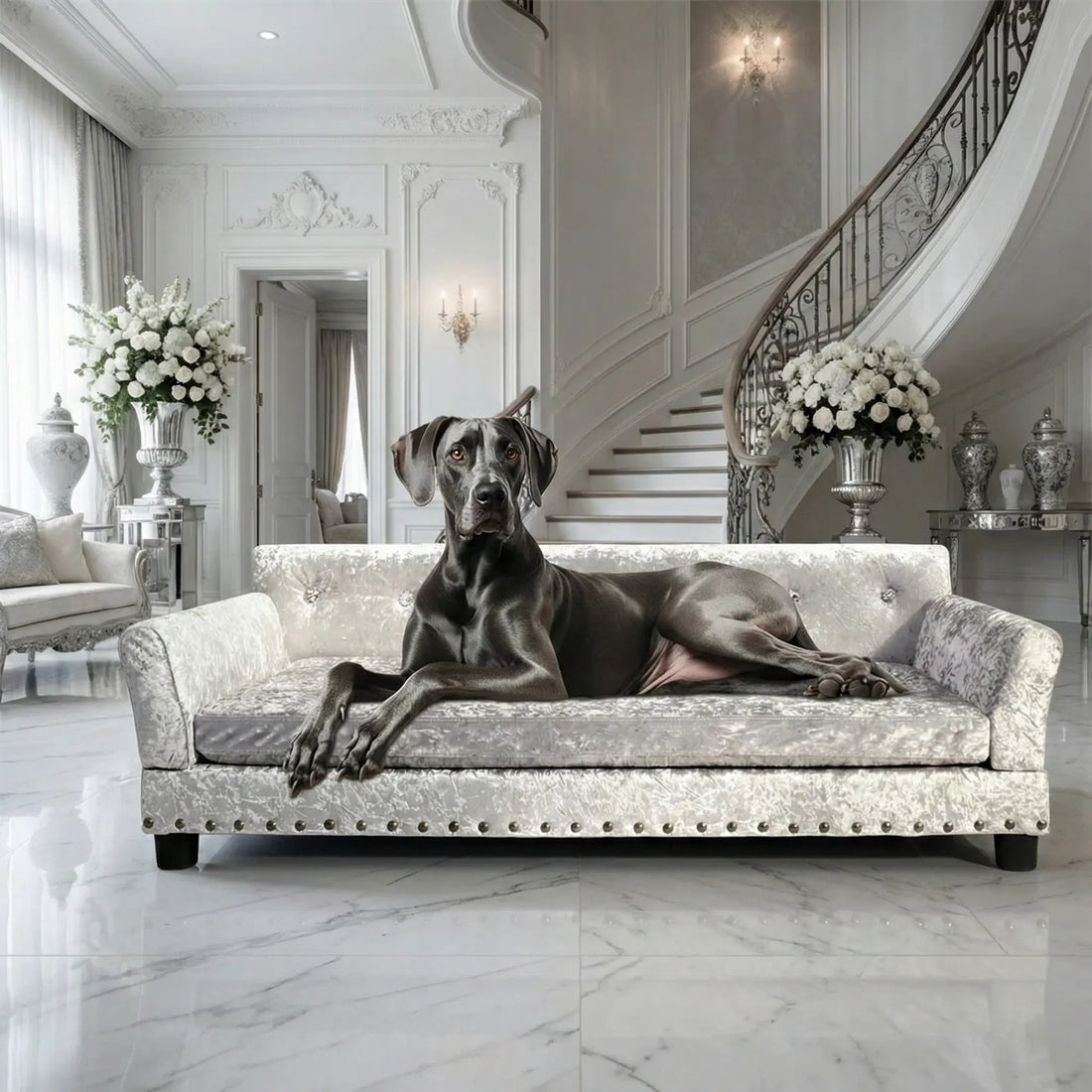 "Dogue Allemand majestueux allongé sur un canapé de luxe pour chien en velours argenté capitonné style baroque