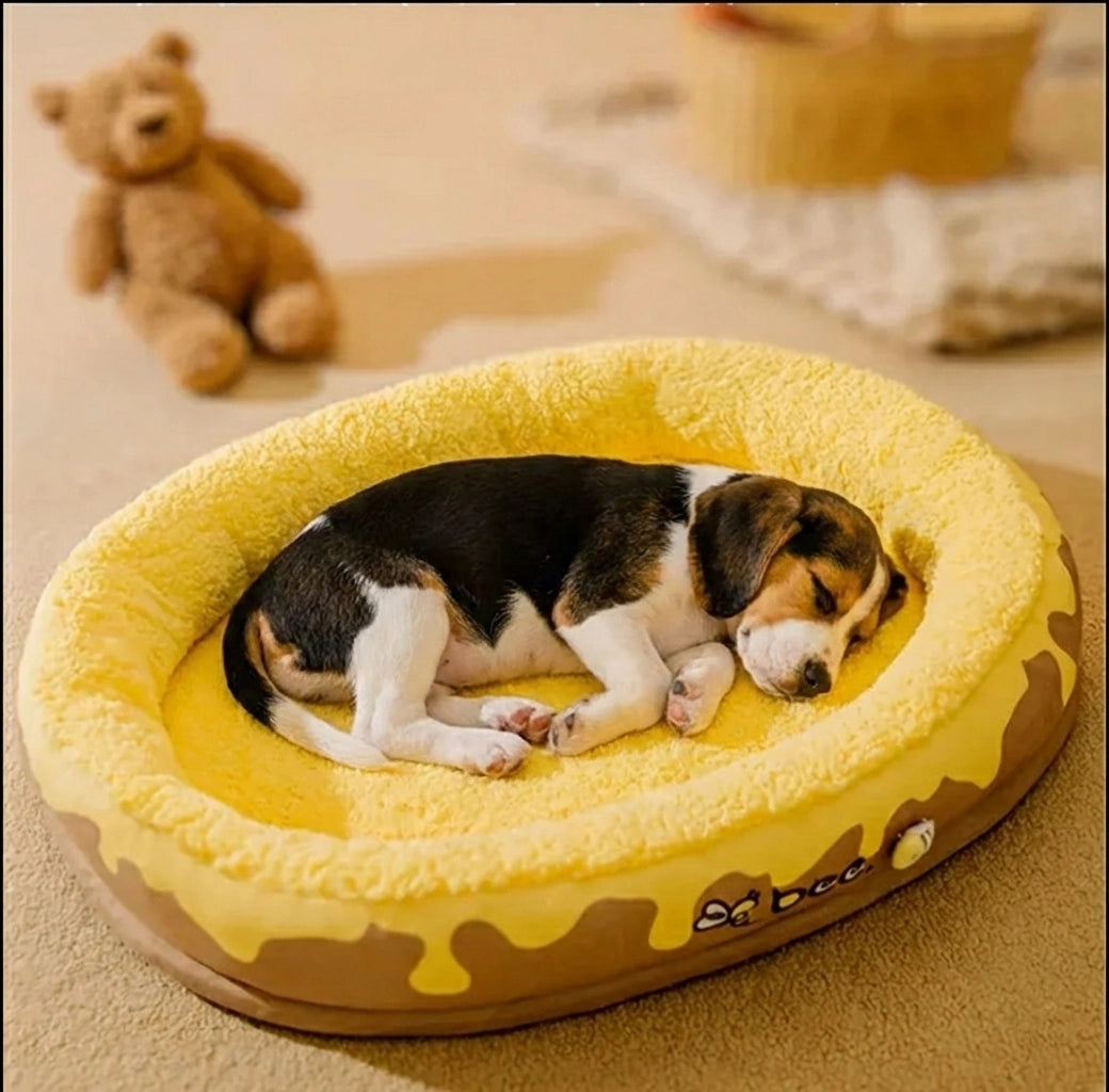 Bichon assis sagement dans un coussin chiot rose en velours avec dossier oreilles de lapin