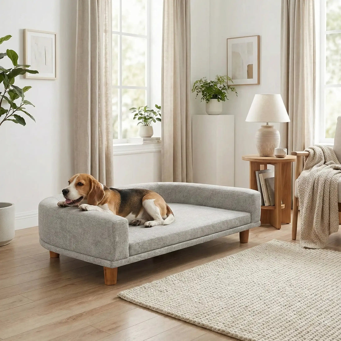 Beagle allongé confortablement sur un fauteuil chien gris design type canapé surélevé avec pieds en bois