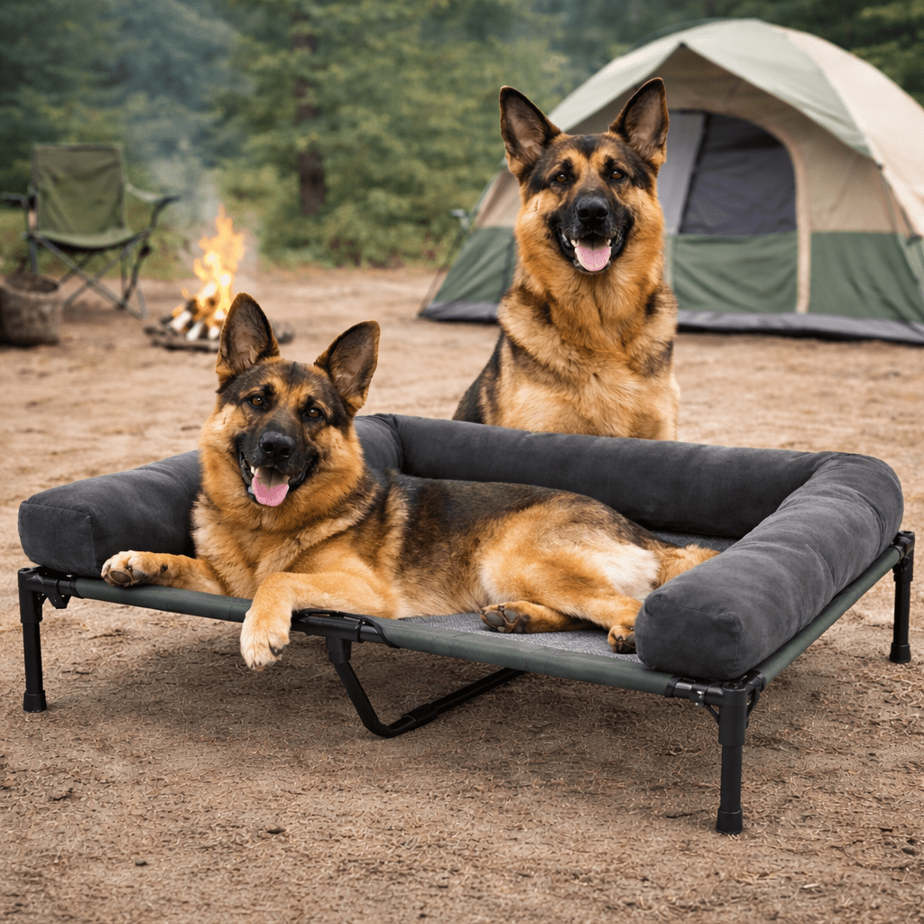Lit de camp pour chien, Un chien allongé dans son lit de camp, un chien derrière. Les deux chiens sont des bergers allemands. On peut voir un feu de camp derrière.