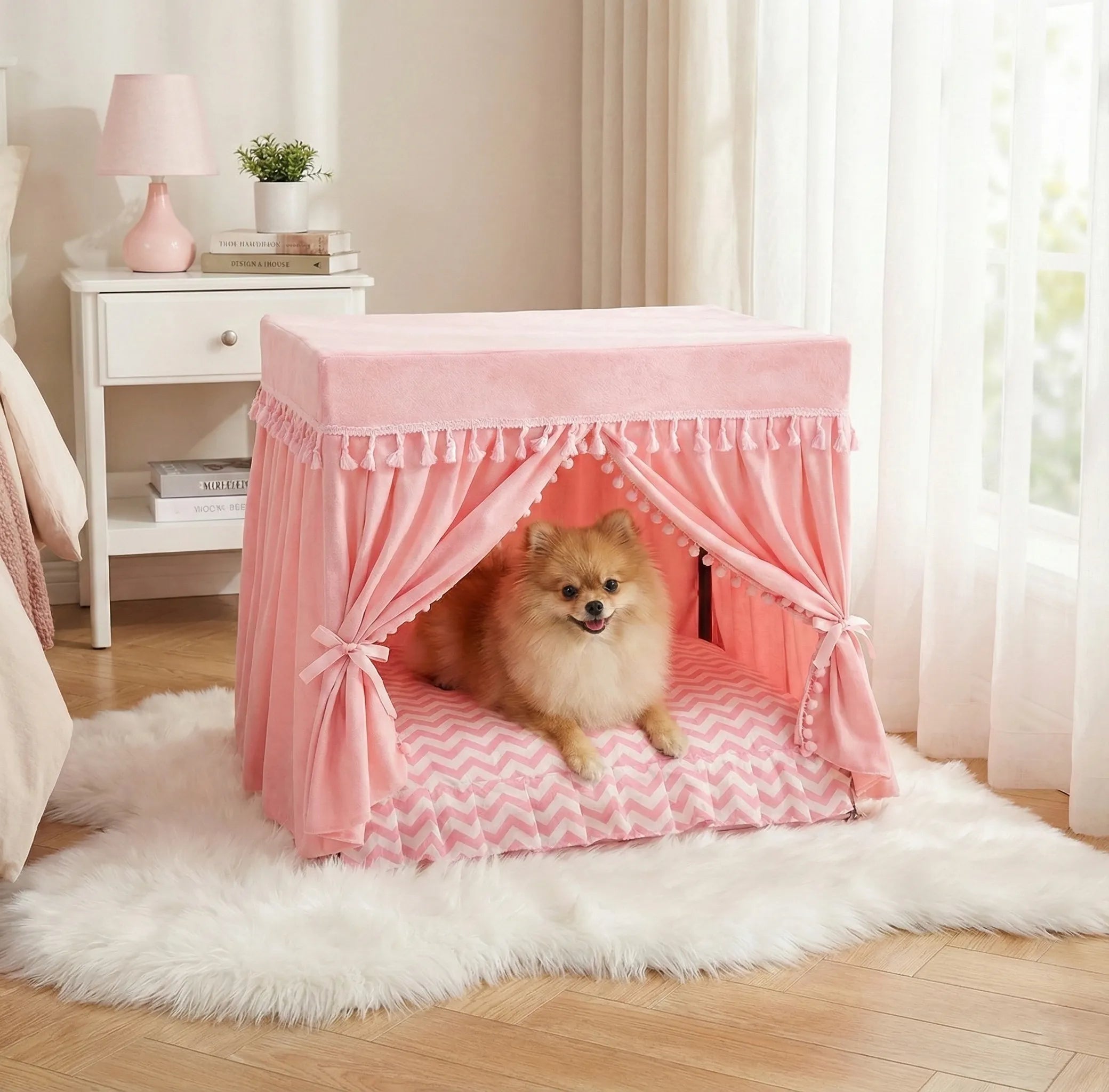 Lit de princesse pour petit chien - vue de face, posé au sol, tissu rose à chevrons, rideaux noués