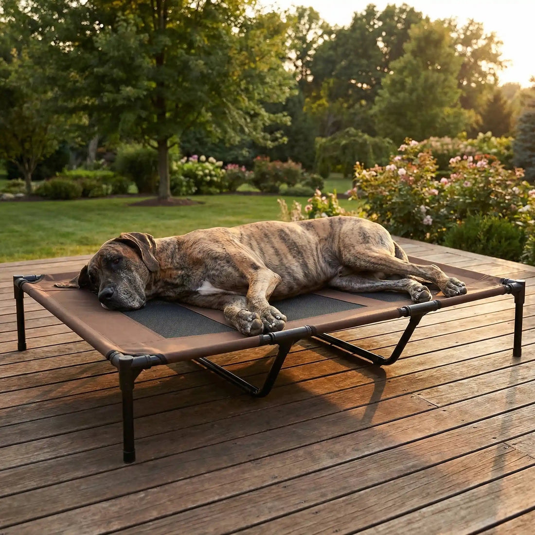 Grand chien tigré allongé sur un lit pour chien surélevé marron à toile respirante installé sur une terrasse en bois