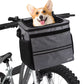 Un panier avant pour vélo chien, on y voit un chien souriant prêt pour une ballade.