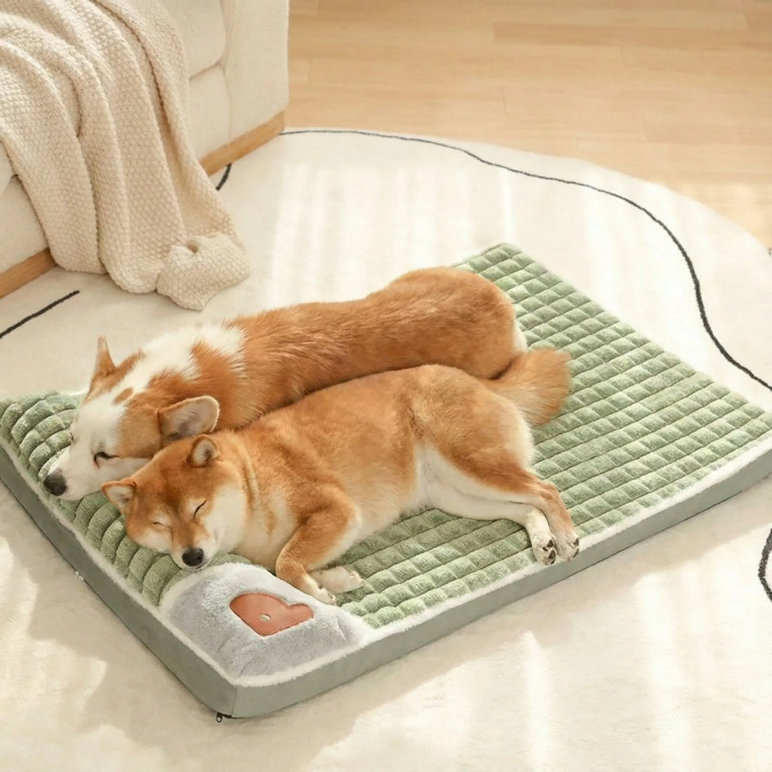 Panier Chien Memoire De Forme - vue de dessus, posé au sol, tissu vert matelassé