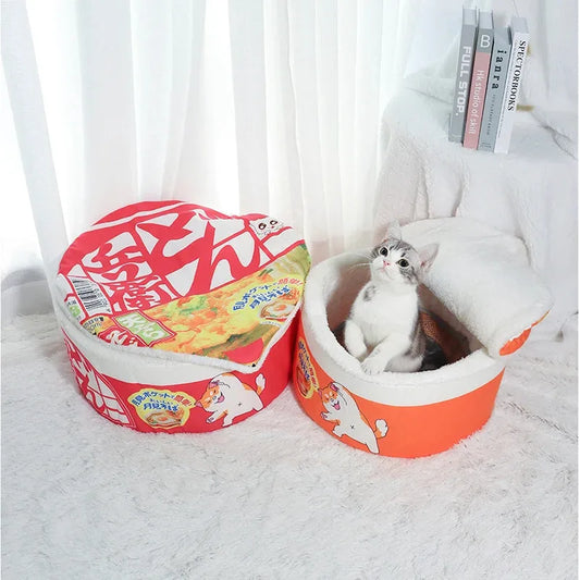 Panier doux pour chien - vue de face, motif nouilles instantanées, coloris rouge et blanc