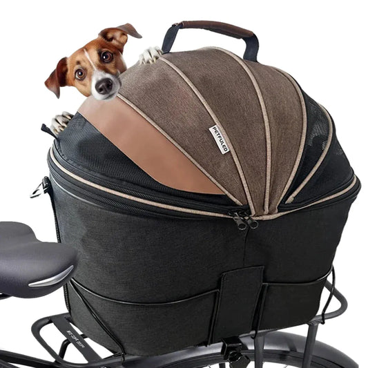 Panier pour chien vélo arrière - monté sur vélo, vue de profil, coloris noir et marron, poignée textile, chien à l’intérieur