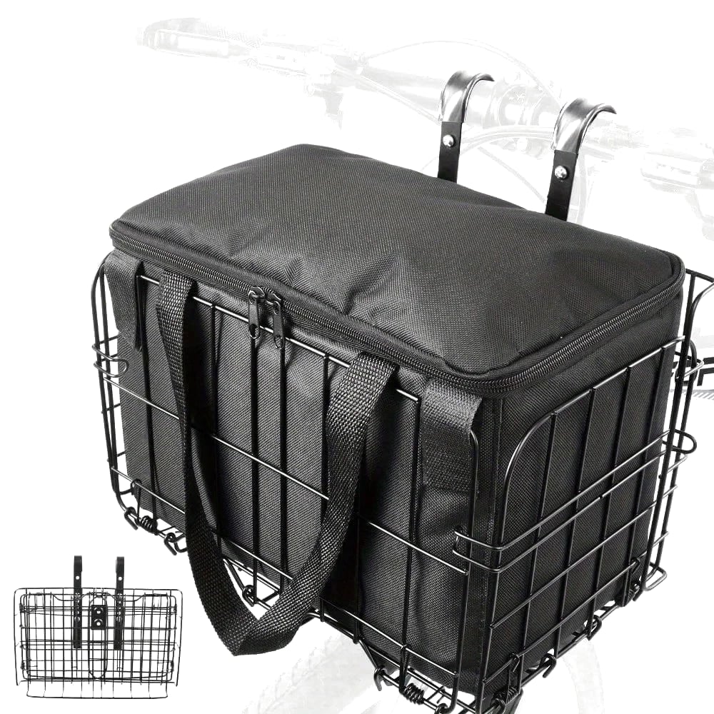 Panier Velo Pour Chien De 15kg - vue de 3/4, monté sur vélo, coloris noir, structure métallique, fermeture éclair, poignées en tissu