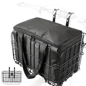 Panier Velo Pour Chien De 15kg - vue de 3/4, monté sur vélo, coloris noir, structure métallique, fermeture éclair, poignées en tissu