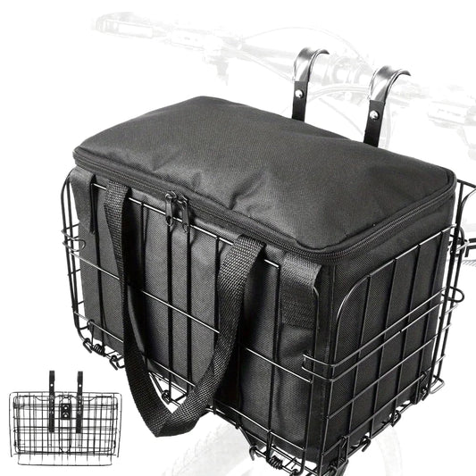 Panier Velo Pour Chien De 15kg - vue de 3/4, monté sur vélo, coloris noir, structure métallique, fermeture éclair, poignées en tissu