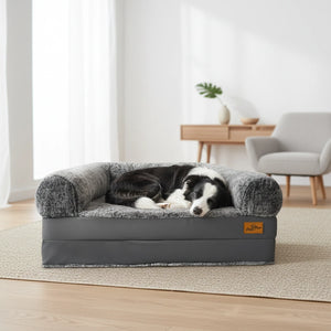 Border Collie endormi dans un panier canapé pour chien gris orthopédique avec rebords rembourrés