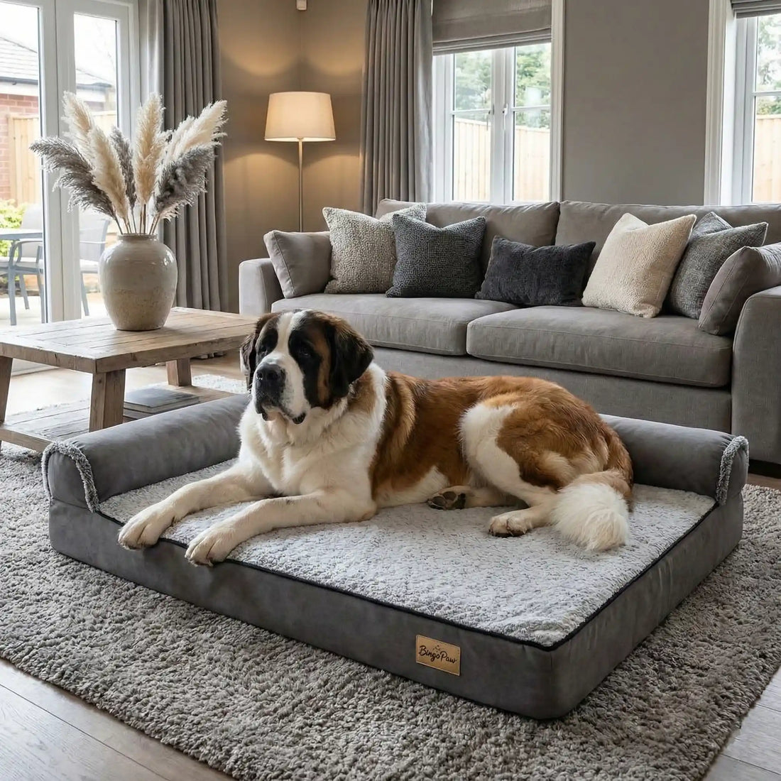 Un chien assis sans son panier de grande taille, dans un salon lumineux.
