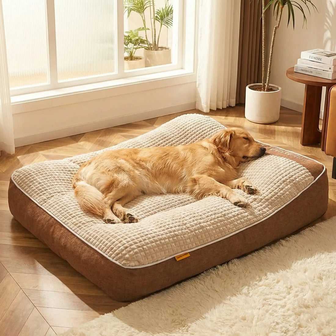 Golden Retriever dormant sur un panier coussin pour grand chien beige et marron à surface texturée douce