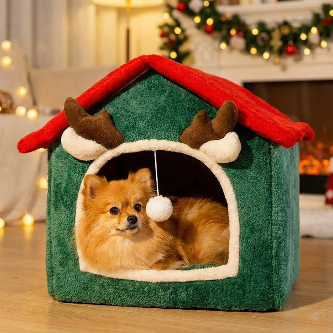 Panier couvert pour chien avec un spitz nain installé à l'intérieur, offrant un espace confortable et rassurant pour le repos.