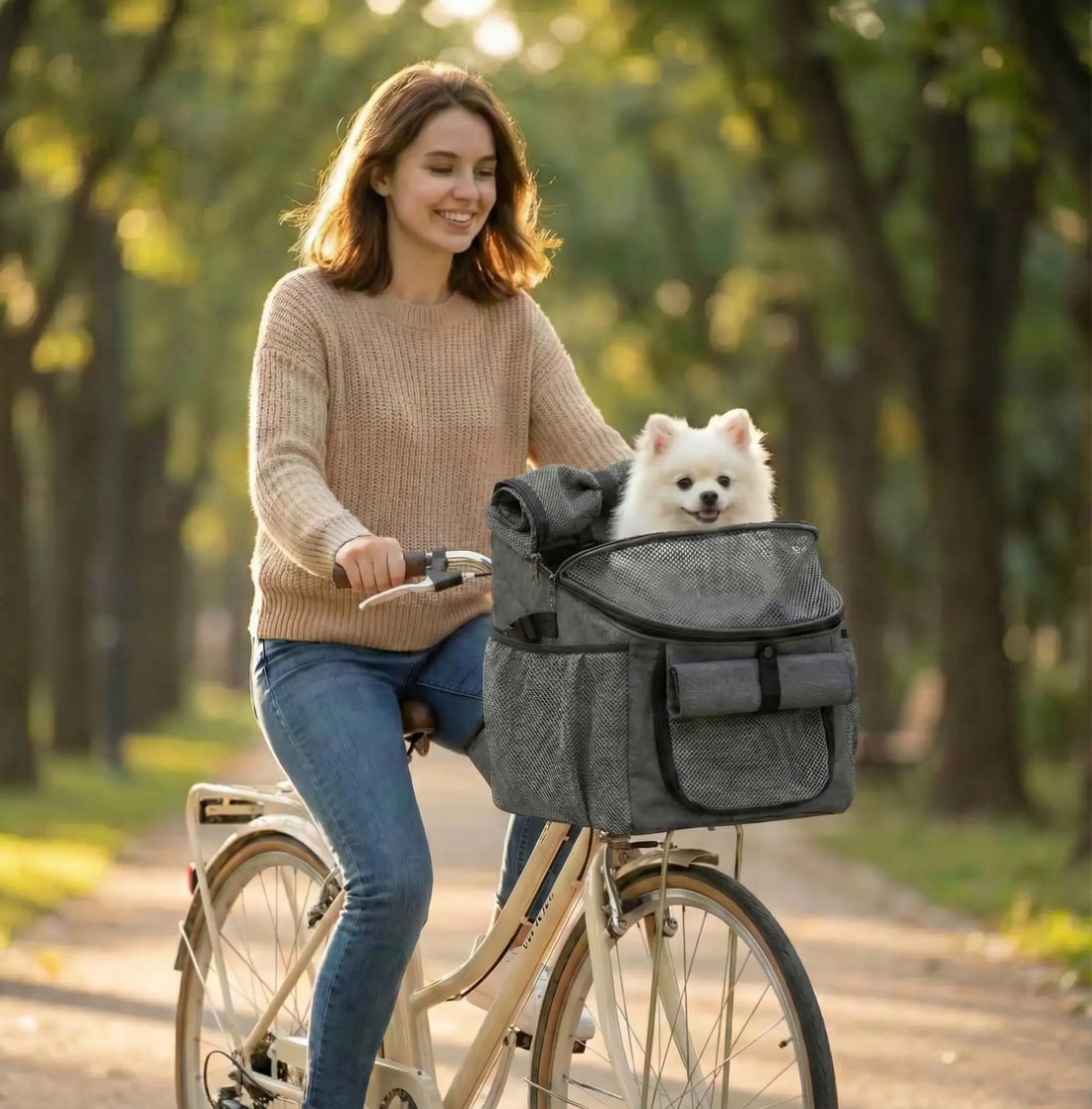 Une femme souriante fait du vélo dans un parc ensoleillé, transportant un petit chien blanc pelucheux dans un panier de velo pour petit chien gris fixé au guidon.