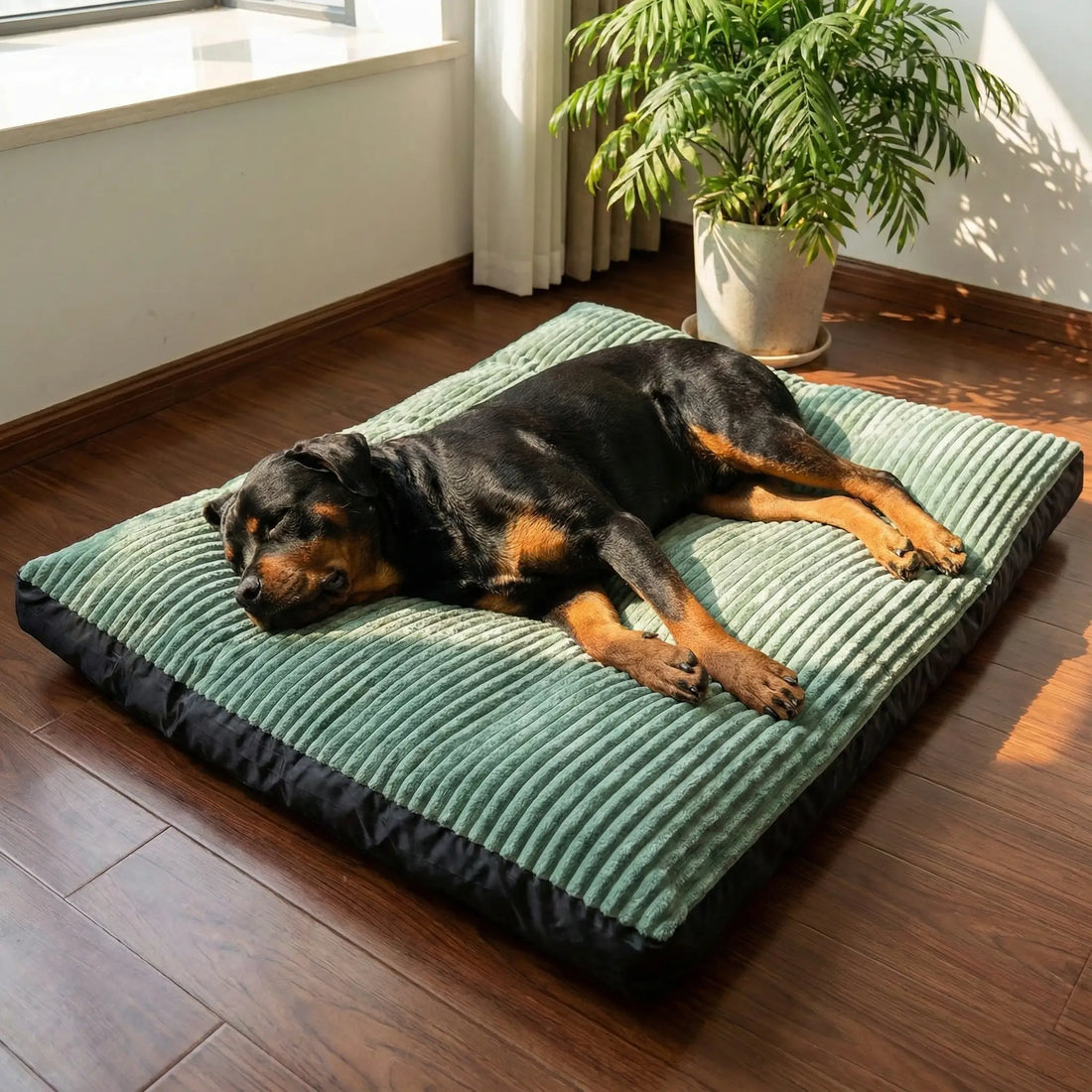 Panier douillet pour chien avec un rottweiler confortablement installé à l'intérieur, parfait pour son confort et son bien-être.