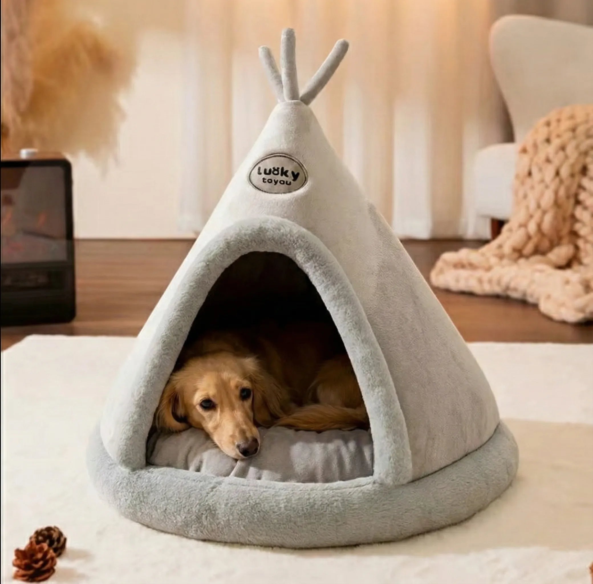 Panier grotte pour chien avec un teckel confortablement installé à l'intérieur, offrant un espace douillet, rassurant et chaleureux.