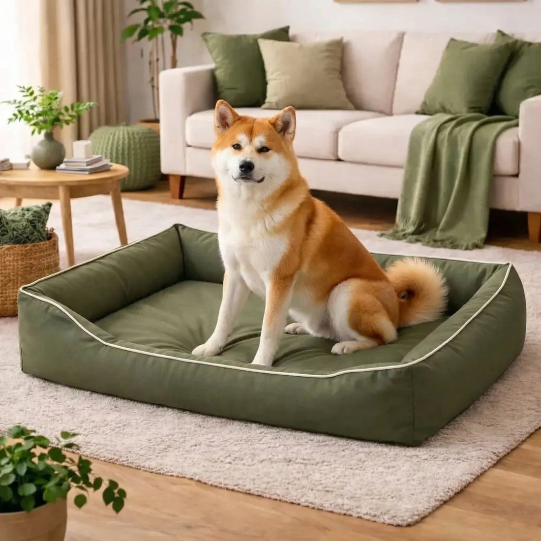 Panier imperméable pour chien de grande taille avec un labrador allongé confortablement dans un salon moderne et lumineux