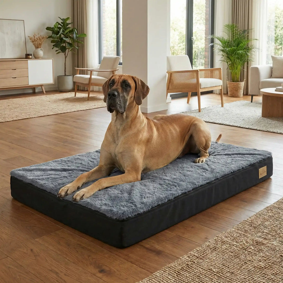 Dogue Allemand allongé de tout son long sur un spacieux panier lit pour chien gris à surface en fausse fourrure