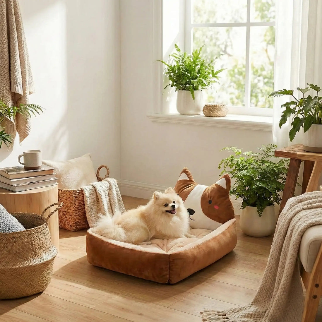 Spitz nain installé confortablement dans un panier petit chien original marron en peluche avec dossier en forme de tête de Corgi