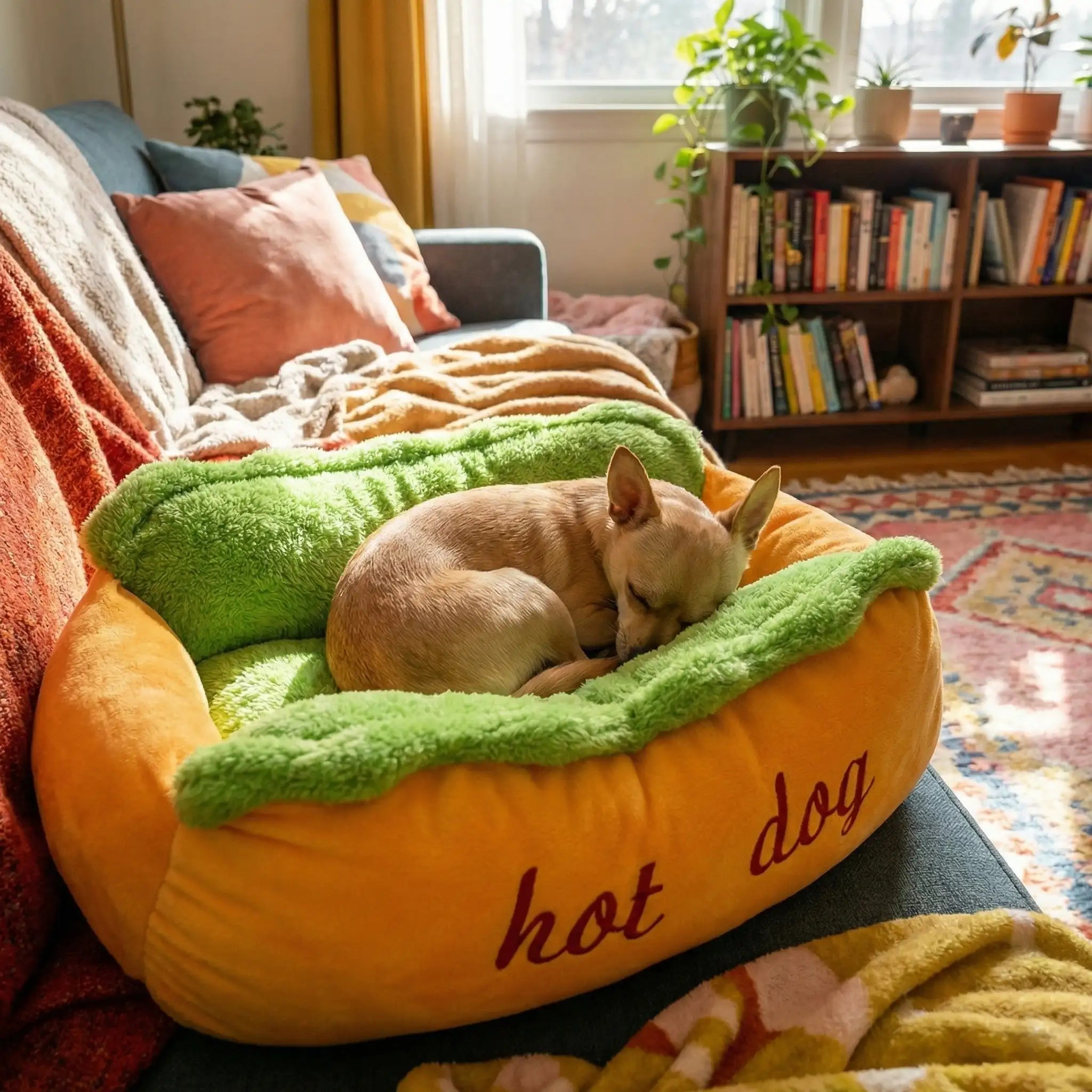 Chihuahua dormant en boule dans un panier pour chien hot dog original moelleux et coloré