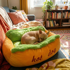 Chihuahua dormant en boule dans un panier pour chien hot dog original moelleux et coloré