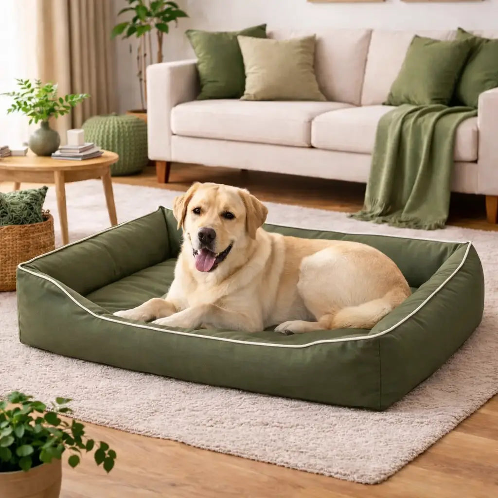 Panier imperméable pour chien de grande taille avec un labrador allongé confortablement dans un salon moderne et lumineux