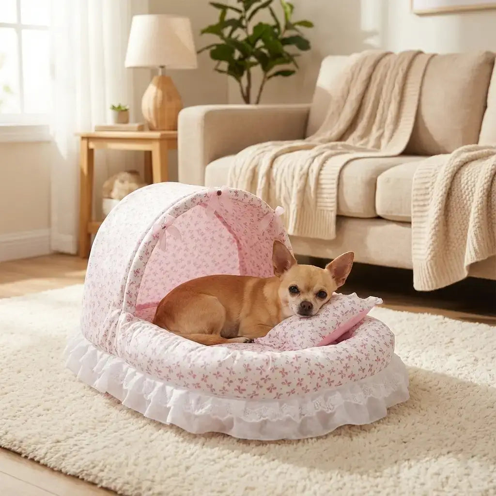 Panier chien rose confortable avec coussin et capote, utilisé par un petit chien dans un salon lumineux au style chaleureux.