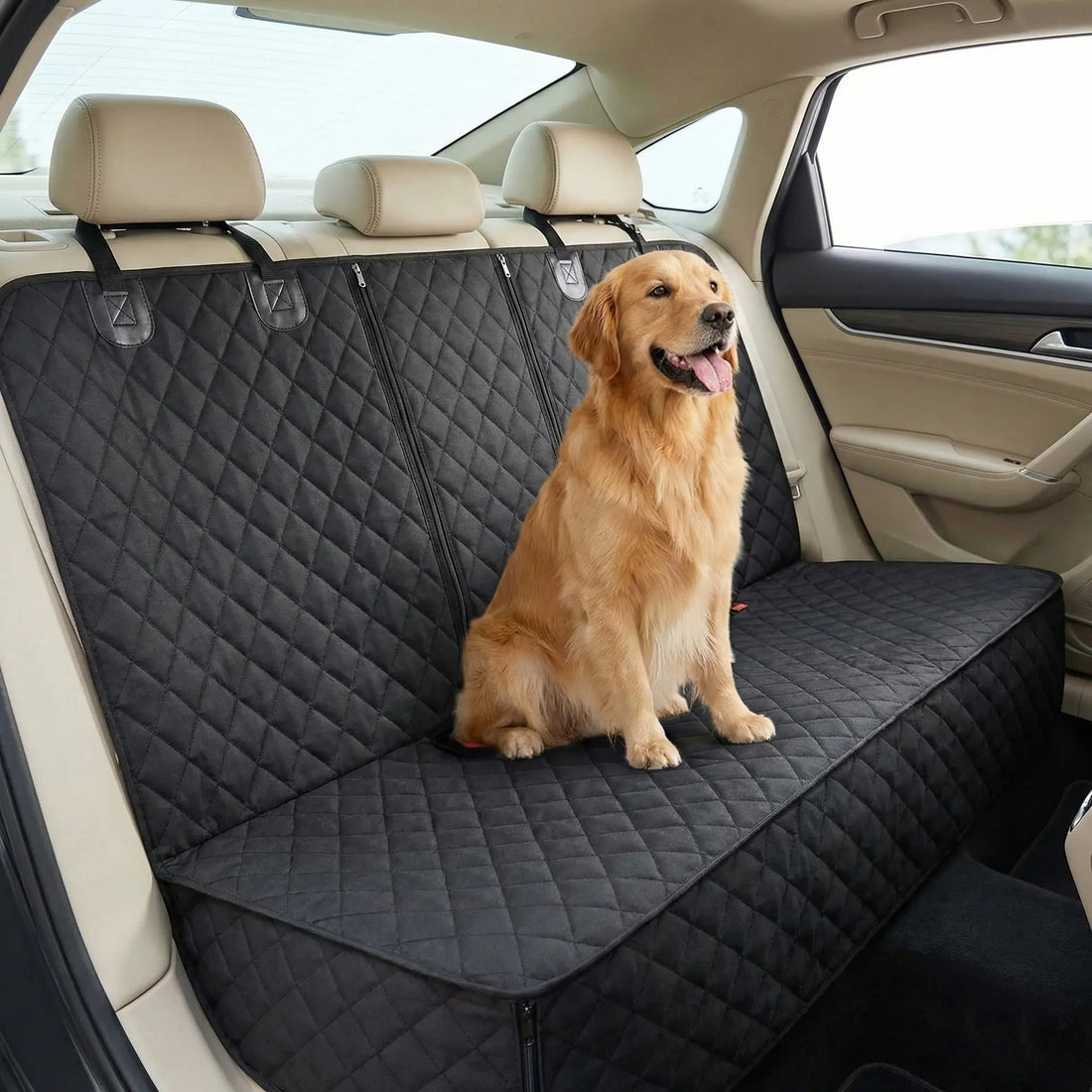 Golden Retriever assis sur une protection siege voiture pour chien noire matelassée couvrant toute la banquette arrière