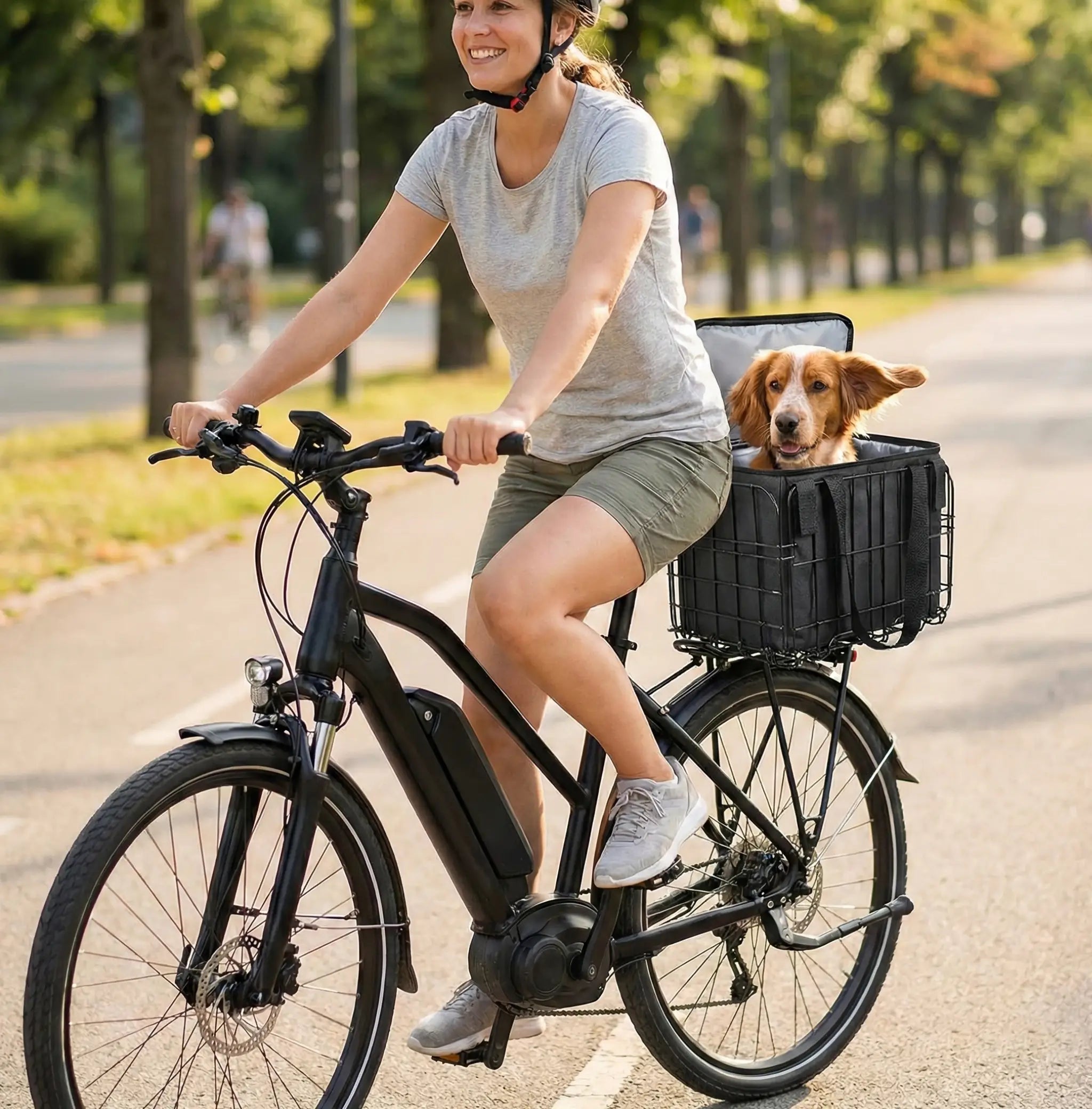 Femme souriante sur un vélo électrique noir, transportant un chien de race spaniel dans un panier arrière grillagé et isotherme noir. Le chien, heureux, a les oreilles au vent. Ils roulent sur une piste cyclable ensoleillée dans un parc arboré. Le produit est un sac de transport pour chien adaptable sur porte-bagages.