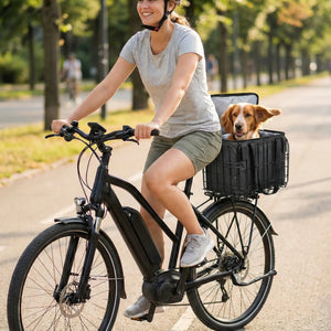 Femme souriante sur un vélo électrique noir, transportant un chien de race spaniel dans un panier arrière grillagé et isotherme noir. Le chien, heureux, a les oreilles au vent. Ils roulent sur une piste cyclable ensoleillée dans un parc arboré. Le produit est un sac de transport pour chien adaptable sur porte-bagages.