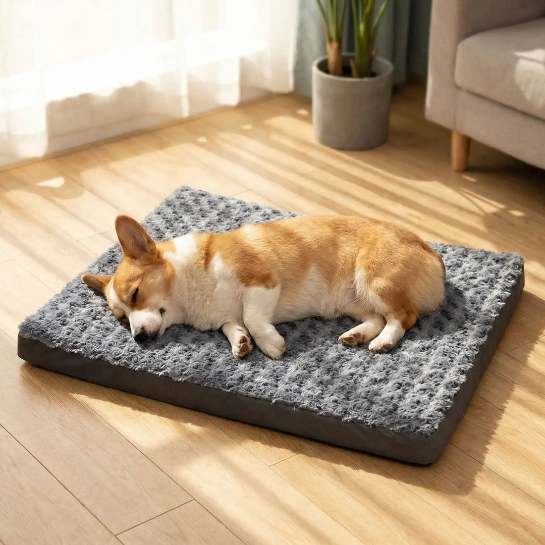 Corgi dormant paisiblement sur un tapis chien orthopedique gris à surface en peluche texturée